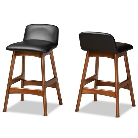 BAXTON STUDIO Darrin Mid-Century Black Faux Leather and Walnut Brown Finished Wood 2-PC Counter Stool Set 176-11017-Zoro